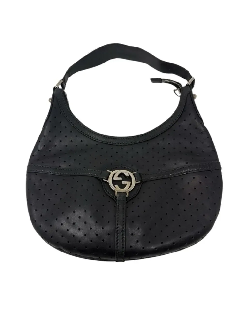 Gucci Reins Vintage Interlocking GG Perforated Leather Black Hobo Bag Purse